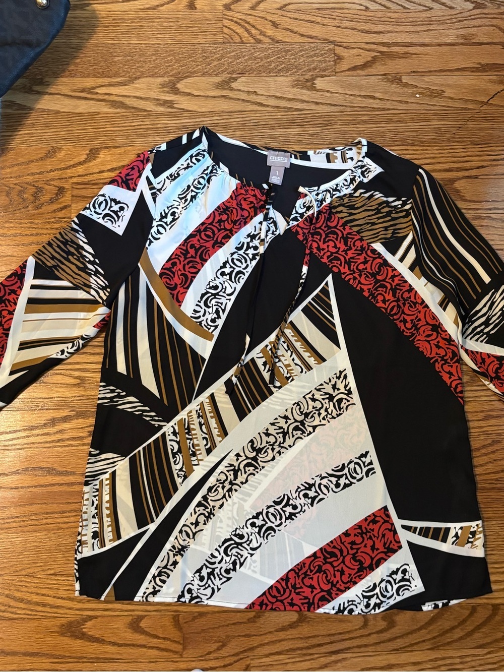 Chico's Women's Abstract Patchwork Print 3/4 Sleeve Blouse Size 1 (Medium) Black